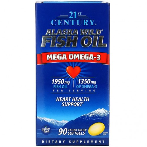 21st Century, 알래스카 자연산 피쉬 오일, 메가 오메가3, 1,950mg/1,350mg, 장용 코팅 소프트젤 90정