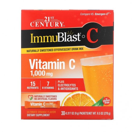 21st Century, ImmuBlast-C, 비타민C, 발포 드링크 믹스, 얼티메이트 오렌지, 1,000mg, 30팩, 팩당 9g(0.317oz)