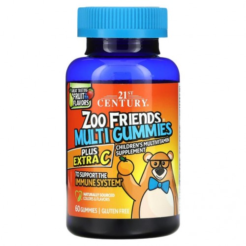 21st Century, Zoo Friends 멀티 구미젤리, 엑스트라 C, 뛰어난 과일 맛, 구미젤리 60개