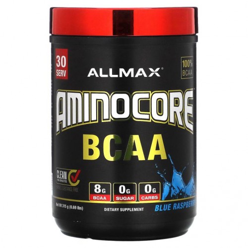 ALLMAX, AMINOCORE, BCAA, BCAA 8G + 설탕 0 + 탄수화물 0, 블루 라즈베리, 0.69lbs(315g)