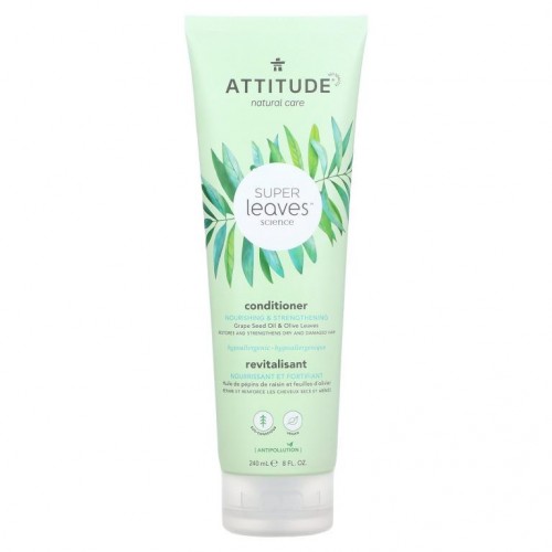 ATTITUDE, 슈퍼 잎 과학, 천연 컨디셔너, 영양 & 강화, 포도씨유 & 올리브 잎, 240mL (8oz)
