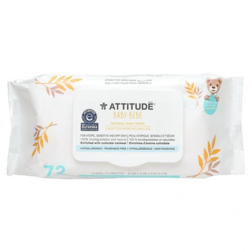 ATTITUDE, 아기용, 내추럴 베이비 물티슈, 무향, 물티슈 72매