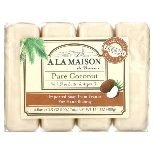 A La Maison de Provence, 핸드 및 바디 바 비누, 퓨어 코코넛, 4개입, 각 3.5oz
