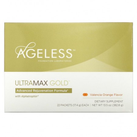Ageless Foundation Laboratories, UltraMax Gold, Alphatrophin 함유 고급 원기 회복 포뮬라, 발렌시아 오렌지 맛, 22팩, 각 17.4g