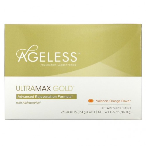 Ageless Foundation Laboratories, UltraMax Gold, Alphatrophin 함유 고급 원기 회복 포뮬라, 발렌시아 오렌지 맛, 22팩, 각 17.4g