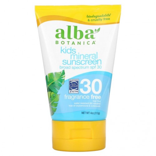 Alba Botanica, 어린이용, 미네랄 자외선 차단제, SPF 30, 향료 무함유, 113g(4oz)