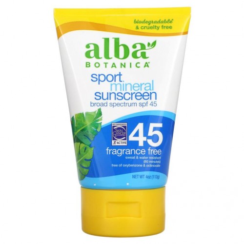 Alba Botanica, 스포츠 미네랄 자외선 차단제, SPF 45, 향료 무함유, 113g(4oz)