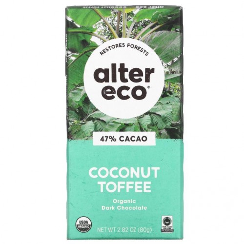 Alter Eco, 유기농 초콜릿 바, 코코넛 토피, 카카오 47%, 80g(2.82oz)
