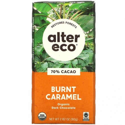 Alter Eco, 유기농 다크 초콜릿 바, 번트 캐러멜, 카카오 70%, 80g(2.82oz)