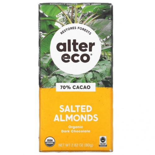 Alter Eco, 유기농 다크 초콜릿 바, 가염 아몬드, 카카오 70%, 80g(2.82oz)
