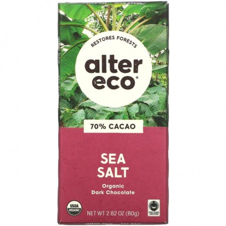 Alter Eco, 유기농 다크 초콜릿 바, 바다 소금, 카카오 70%, 80g (2.82oz)
