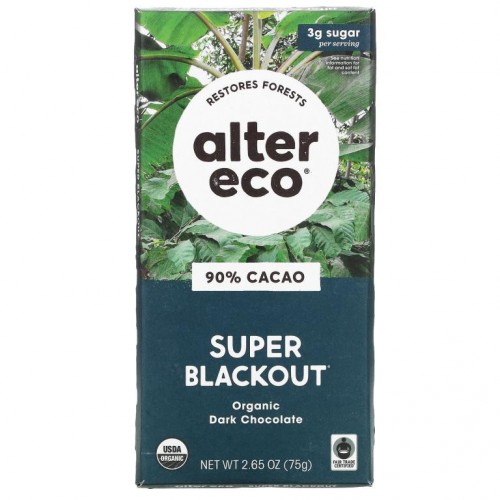 Alter Eco, 유기농 다크 초콜릿 바, 슈퍼 블랙아웃, 카카오 90%, 75g(2.65oz)