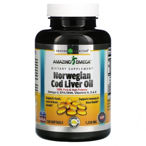 Amazing Nutrition, 노르웨이산 대구 간유, 레몬, 1,250mg, 소프트젤 120정
