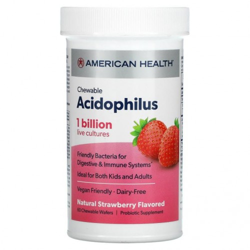 American Health, 츄어블 애시도필러스, 천연 딸기 맛, 웨이퍼 60개