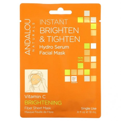 Andalou Naturals, 인스턴트 브라이트닝 앤 타이트닝, 하이드로 세럼 뷰티 페이셜 마스크, 브라이트닝, 1회용 화이버 시트 마스크, 18ml(0.6fl oz)