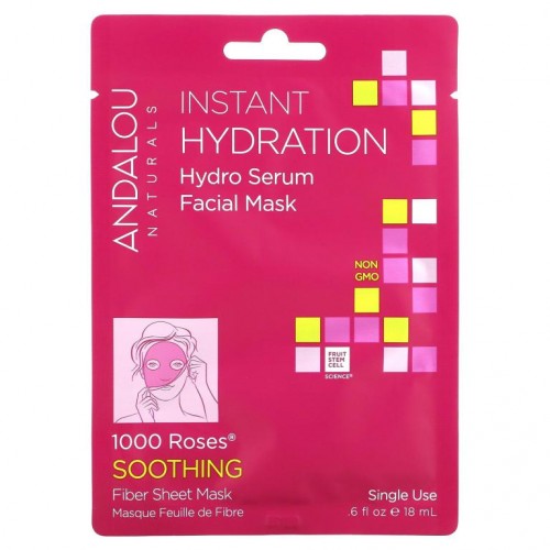 Andalou Naturals, 인스턴트 하이드레이션, 하이드로 세럼 뷰티 페이셜 마스크, 1회용 화이버 시트 마스크 1매, 18ml(0.6fl oz)