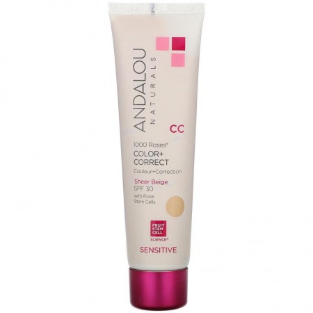 Andalou Naturals, 1000 Roses, CC 컬러 플러스 코렉트, 민감성 피부용, SPF 30, 쉬어 베이지, 58ml(2fl oz)