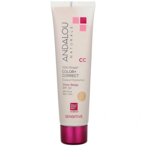 Andalou Naturals, 1000 Roses, CC 컬러 플러스 코렉트, 민감성 피부용, SPF 30, 쉬어 베이지, 58ml(2fl oz)