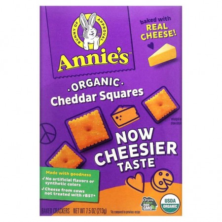 Annie's Homegrown, 유기농 체다 스퀘어, 구운 스낵 크래커, 213g(7.5oz)