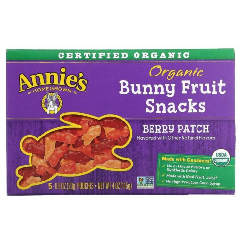 Annie's Homegrown, 유기농 버니 프루트 스낵, 베리 패치, 5봉지, 각 23g(0.8oz)