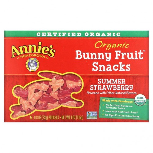 Annie's Homegrown, 유기농 버니 과일 스낵, 썸머 스트로베리, 파우치 5개, 각 23g(0.8oz)