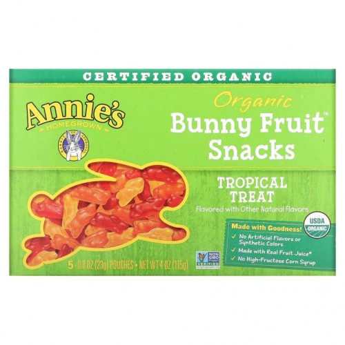 Annie's Homegrown, 유기농 버니 과일 스낵, 열대과일 맛, 5봉지, 각 23g(0.8oz)
