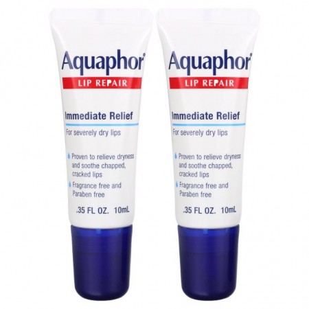 Aquaphor, Lip Repair, Immediate Relief, Fragrance Free, 2 Tubes, 0.35 fl oz (10 ml) Each
