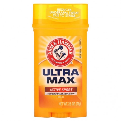 Arm & Hammer, UltraMax, 고형 땀 억제 데오드란트, 남성용, 엑티브 스포츠, 73g(2.6oz)