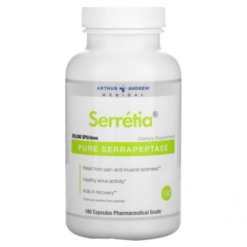 Arthur Andrew Medical, Serretia, 순수 세라펩타아제, 500mg, 캡슐 180정