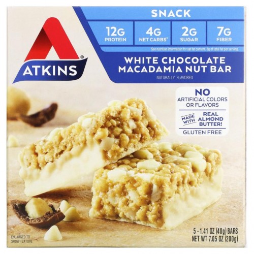 Atkins, 스낵, 화이트초콜릿 마카다미아 너트 바, 바 5개, 각 1.41 oz (40 g)