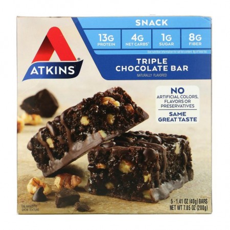 Atkins, 간식, 트리플 초콜릿 바, 바 5개, 개당 40g(1.41oz)