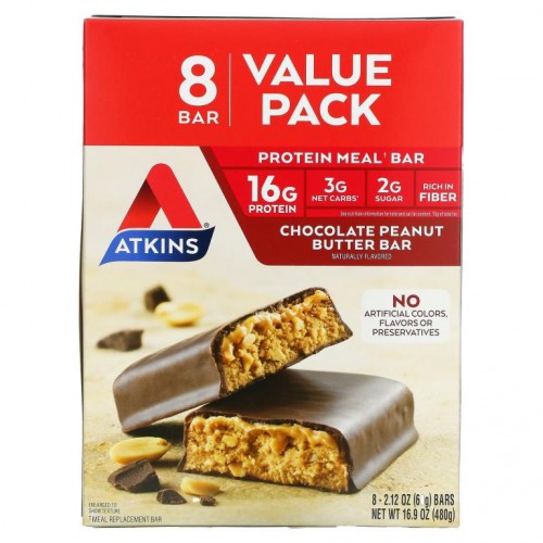 Atkins, 식사 대용 프로틴바, 초콜릿 피넛버터, 바 8개, 60g(2.12oz)