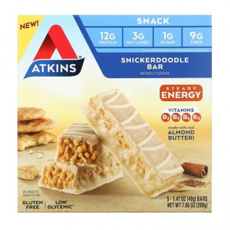 Atkins, 스낵, Snickerdoodle 바, 글루텐 무함유, 바 5개, 개당 40g(1.41oz)