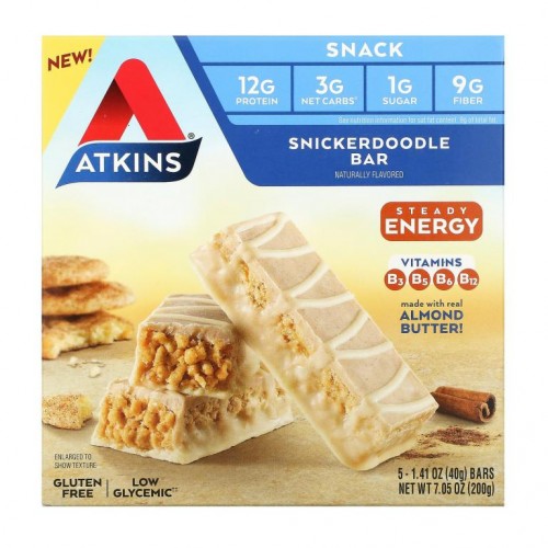 Atkins, 스낵, Snickerdoodle 바, 글루텐 무함유, 바 5개, 개당 40g(1.41oz)