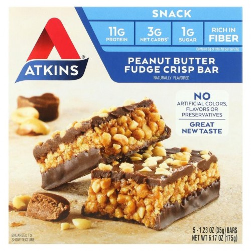 Atkins, 간식, 땅콩 버터 퍼지 크리스프 바, 바 5개, 각 1.2 oz (35 g)