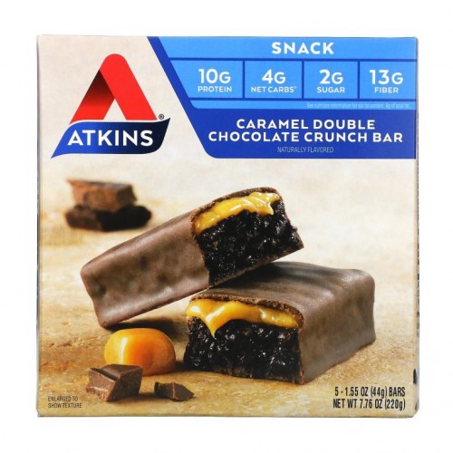 Atkins, 스낵, 캐러멜 더블 초콜릿 크런치 바, 5개입, 각 44g(1.55oz)