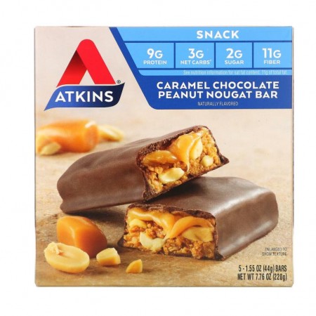 Atkins, 스낵, 캐러멜 초콜릿 땅콩 누가 바, 5개입, 개당 44g(1.55oz)