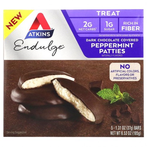 Atkins, Endulge Treat, 다크 초콜릿으로 코팅한 페퍼민트 패티, 5개입, 각 37g(1.31oz)