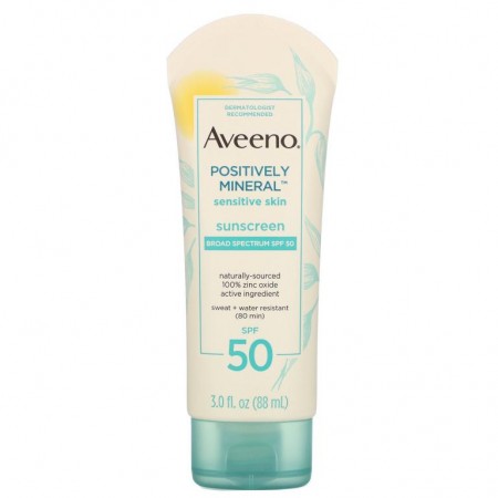 Aveeno, Positively Mineral 센서티브 스킨, 자외선 차단제, SPF 50, 88ml(3.0fl oz)