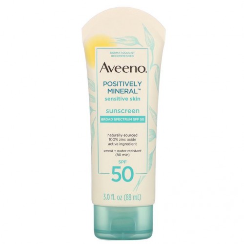 Aveeno, Positively Mineral 센서티브 스킨, 자외선 차단제, SPF 50, 88ml(3.0fl oz)