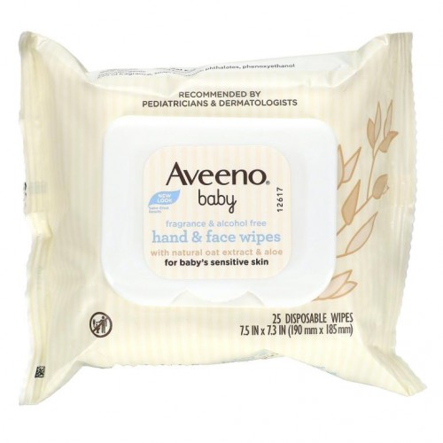 Aveeno, 베이비 핸드 & 페이스 물티슈, 일회용 물티슈 25장