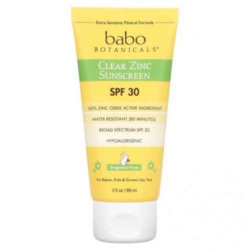Babo Botanicals, 순수 아연 자외선 차단제, 극민감성 피부, SPF 30, 향료 무함유, 89ml(3fl oz)