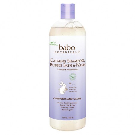 Babo Botanicals, 3-인-1 카밍 샴푸, 버블 바스 및 워시 편안한 라벤더 메도우스위트 함유, 13.5 액량 온스 (400 ml)
