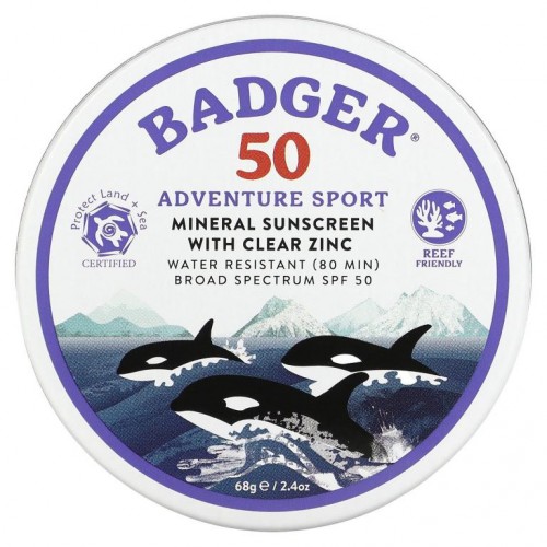 Badger Company, 어드벤처 스포츠, 미네랄 자외선 차단제, 순수 아연 함유, SPF 50, 무향, 68g(2.4oz)