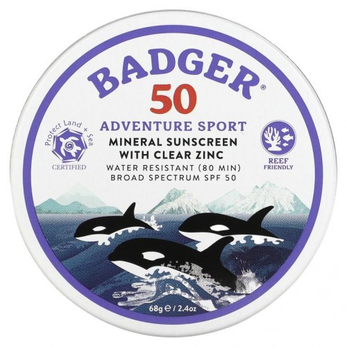 Badger Company, 어드벤처 스포츠, 미네랄 자외선 차단제, 순수 아연 함유, SPF 50, 무향, 68g(2.4oz)