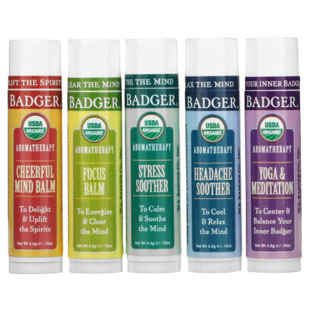 Badger Company, 유기농, 아로마테라피 여행 키트, 5팩, 각 4.3g(15oz)