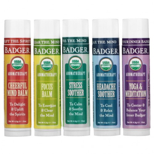 Badger Company, 유기농, 아로마테라피 여행 키트, 5팩, 각 4.3g(15oz)