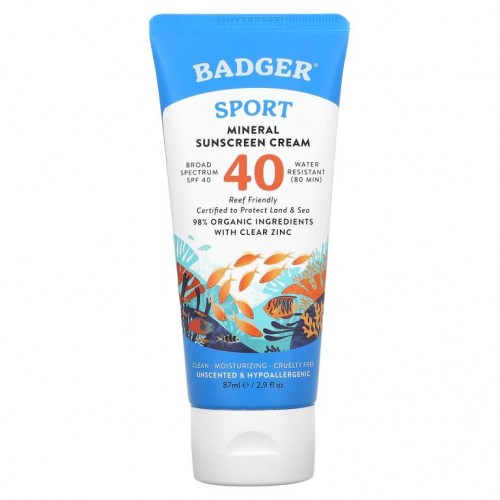 Badger Company, 스포츠, 미네랄 자외선 차단 크림, SPF 40, 무향, 87ml(2.9fl oz)