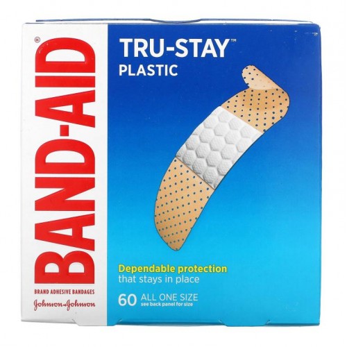 Band Aid, Tru-Stay, 접착식 밴드, 플라스틱 스트립, 60개입