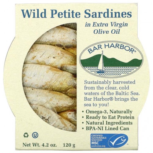 Bar Harbor, Wild Petite Sardines in Extra Virgin Olive Oil, 4.2 oz (120 g)